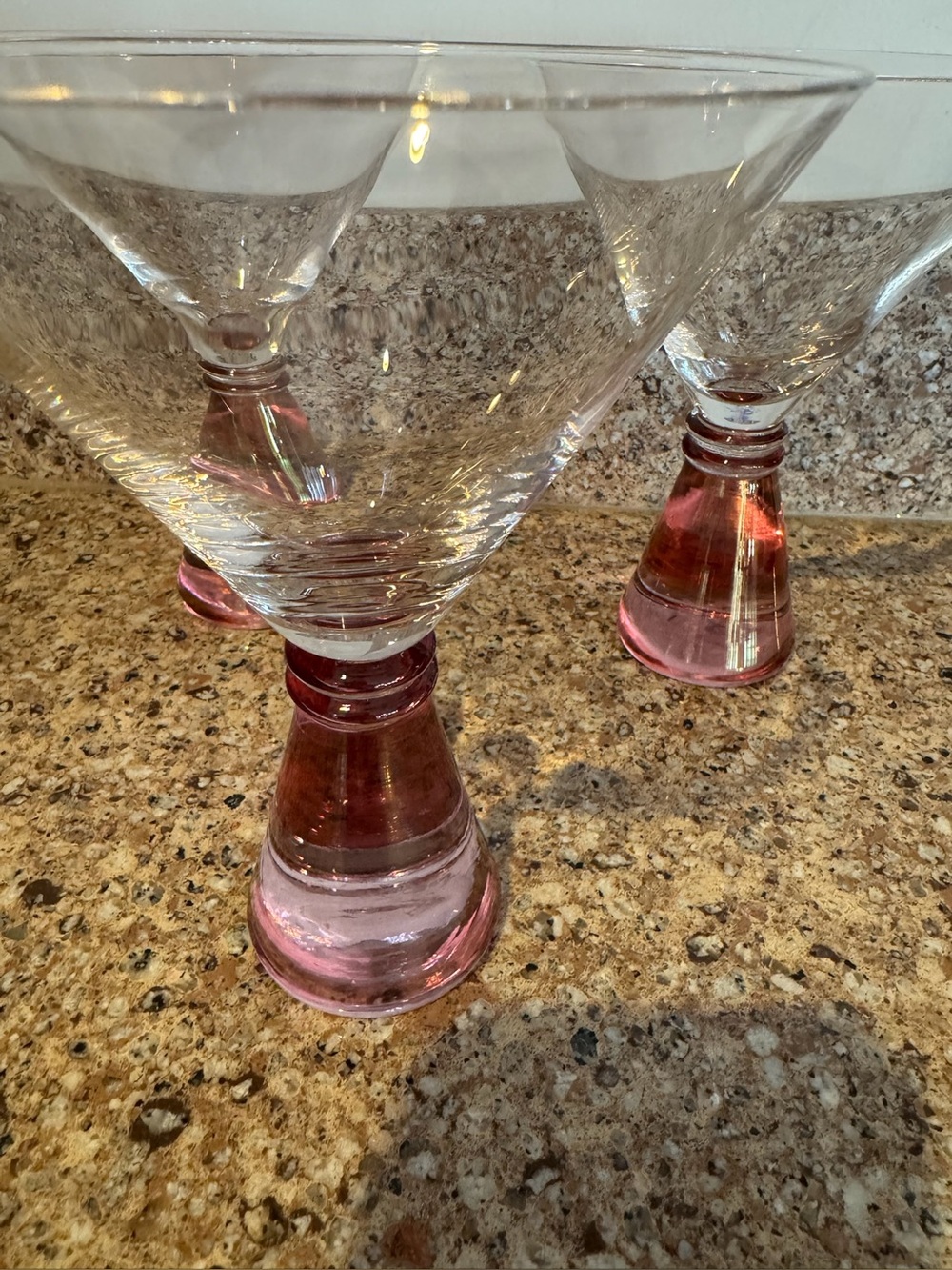 Set of 3 Clear Martini Glasses with Pink Stems